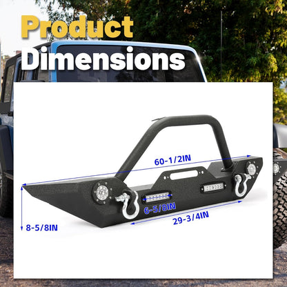 Front Bumper Compatible with 2007-2025 Wrangler Unlimited JL/JLU & Gladiator JT, 2007-2018 JK Front Bumper Rock Crawler Winch Plate W/Winch Plate & 2 18W LED Lights D-rings LYAM-302S