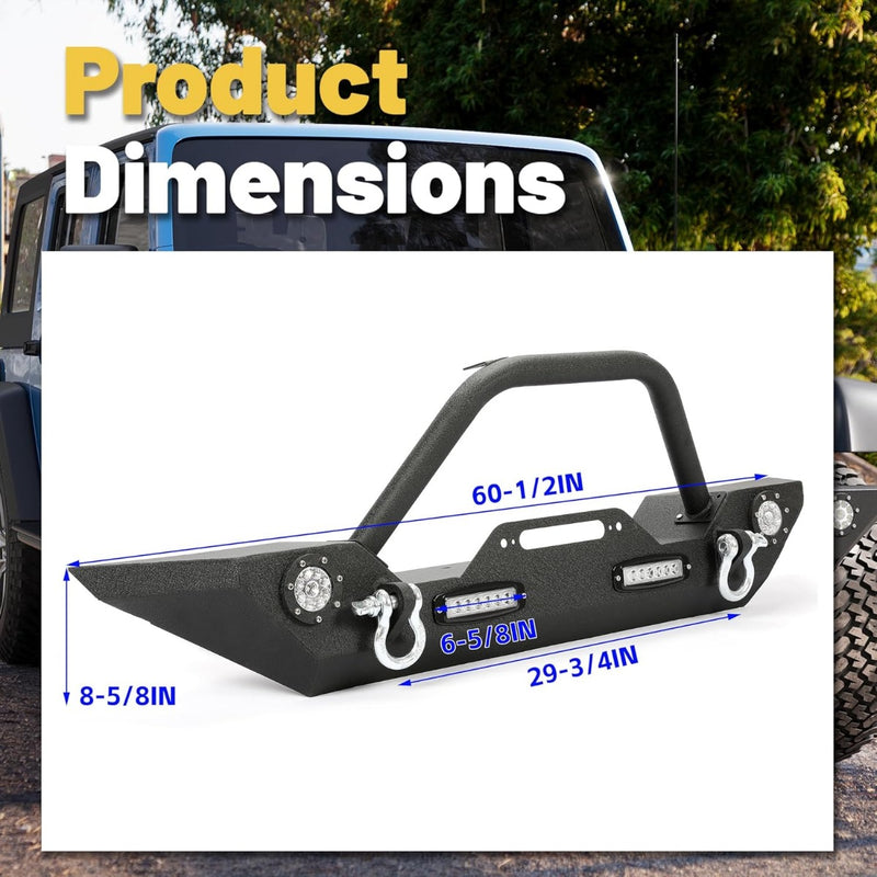 ‎Front Bumper Compatible with 2007-2025 Wrangler Unlimited JL/JLU & Gladiator JT, 2007-2018 JK Front Bumper Rock Crawler Winch Plate W/Winch Plate & 2 18W LED Lights D-rings LYAM-302S