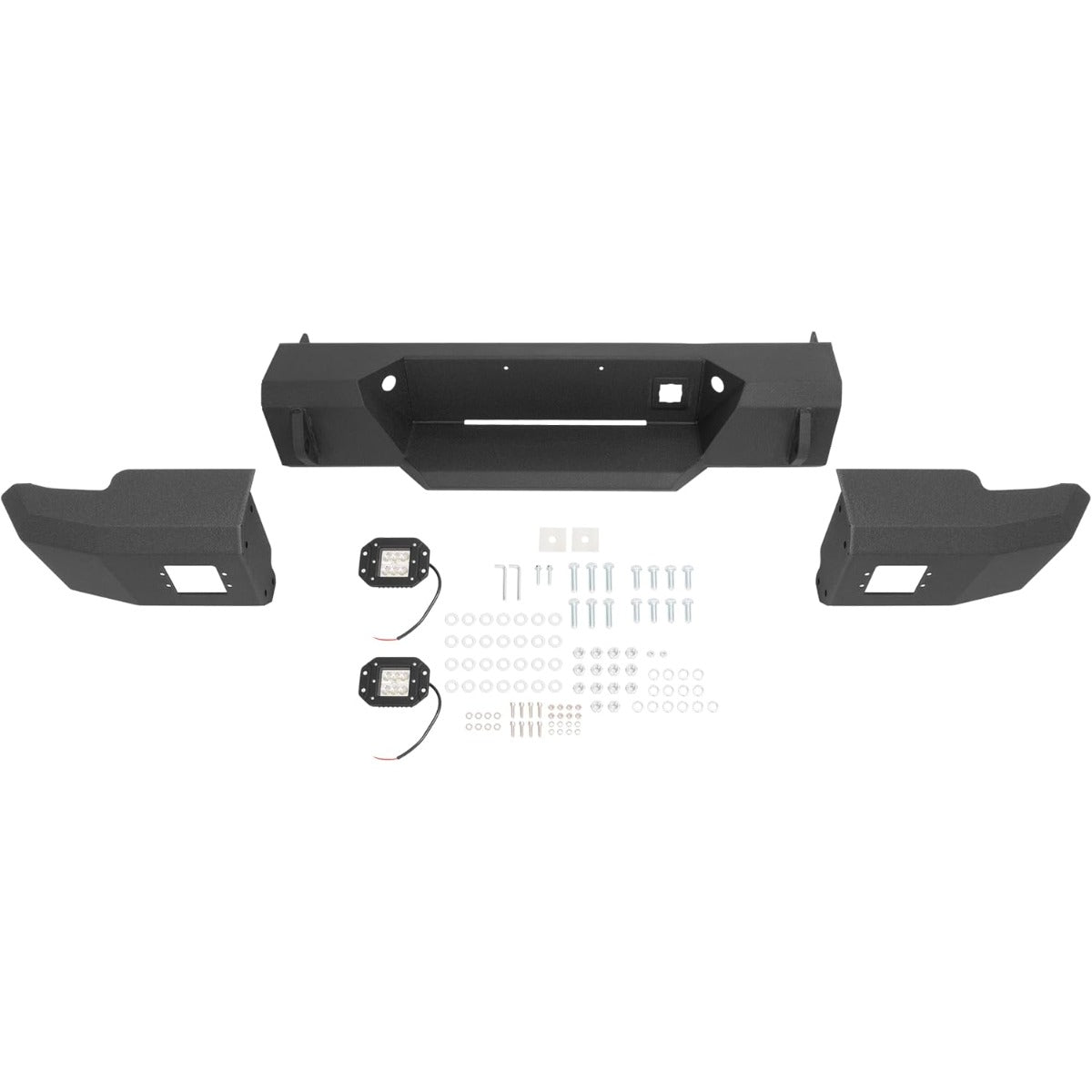 ALMULOO Rear Bumper Compatible with 1999-2007 Chevy/Chevrolet Silverado GMC Sierra 2500 3500 HD W/LED Lights Steel Powder Coated Black