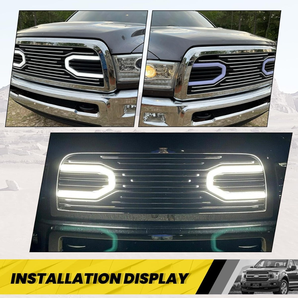 Front Bumper Grill w/LED Tube Compatible with 2010-2018 Ram 2500/3500/4500 Big Horn Hood Grille Replacement Shell Horizontal Style - Chrome