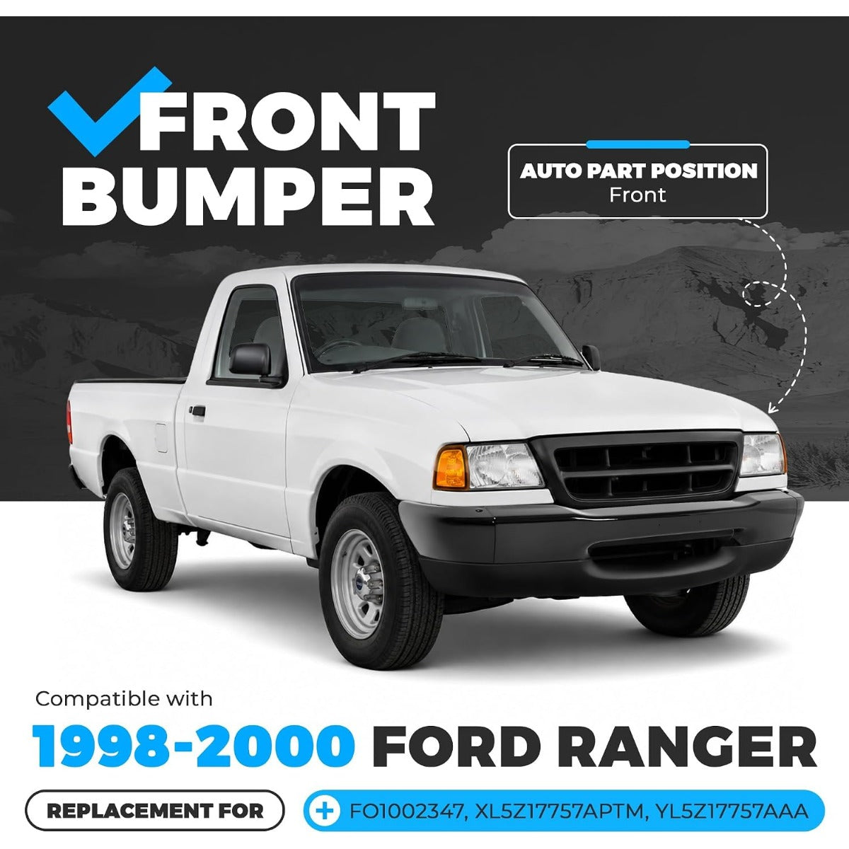 ALMULOO Front Bumper(3Pcs) Compatible with 1998-2000 Ford Ranger W/O Molding Holes Replace For FO1002347, XL5Z17757APTM, YL5Z17757AAA Steel Powder Coated