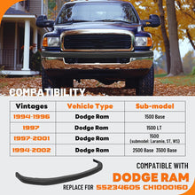 KUAFU Front Upper Bumper Cover Compatible with 1994-2002 Dodge Ram 2500/3500 Base/1994-2001 Dodge Ram 1500 Pad Replacement for CH1000160 55076610AB Black Textured