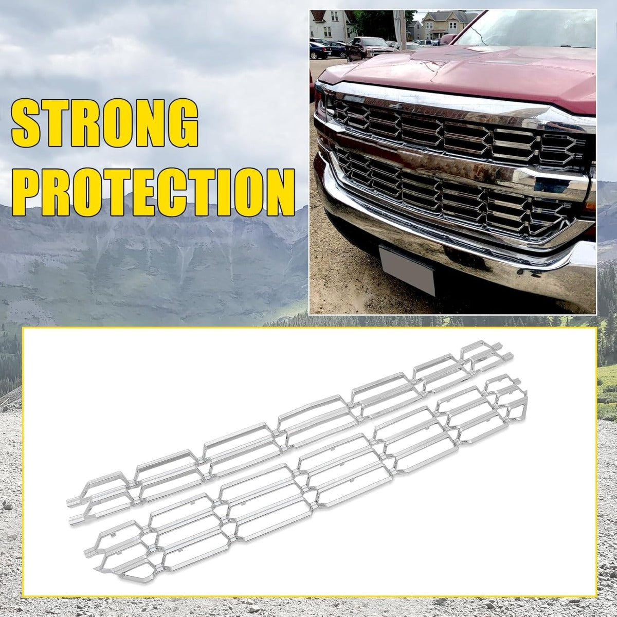 Grille Overlay Cover Inserts Compatible with 2016-2018 Chevy Chevrolet Silverado 1500 Front Bumper Upper Grille Cover Overlay Guard Chrome Silver