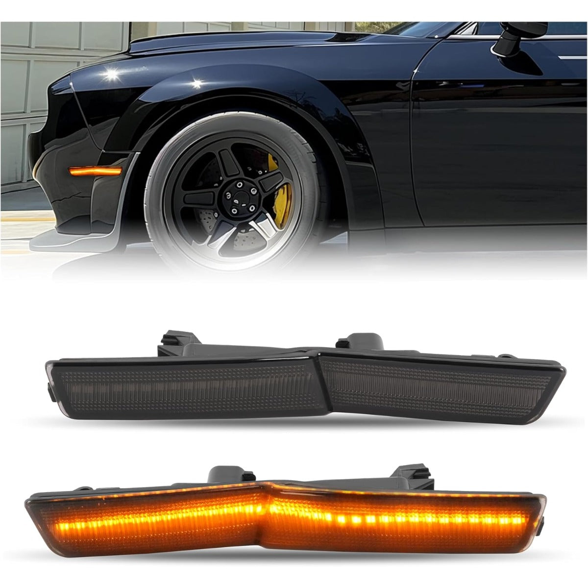 HECASA Front LED Side Marker Lights Compatible with 2018-2022 Dodge Challenger SRT Hellcat Redeye Super Stock Jailbreak Demon, R/T Scat pack Widebody Shaker, Turn Signal Lamp Smoke Lens Amber LED 2Pcs