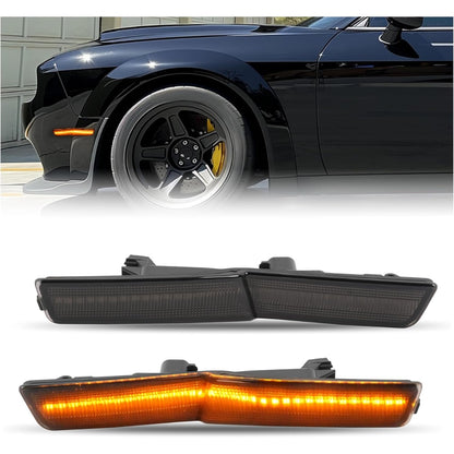 HECASA Front LED Side Marker Lights Compatible with 2018-2022 Dodge Challenger SRT Hellcat Redeye Super Stock Jailbreak Demon, R/T Scat pack Widebody Shaker, Turn Signal Lamp Smoke Lens Amber LED 2Pcs