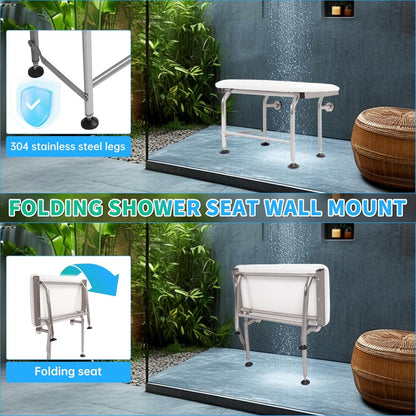 26 Inches x14.5 Inches Folding Shower Seat Wall Mount W/304 Stainless Legs, Adjustable Height Fold Down Bench for Bathroom, Wall Mounted Shower Stool Chair for Elderly Seniors Pregnant Disabled 600LBS LYOM-289
