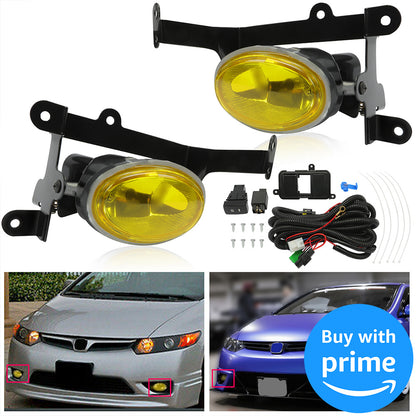 Front Bumper Driving Fog Lights Compatible with 2006-2008 Honda Civic 2Dr Coupe Lamps with Switch Pair (Yellow Lens ) Replace for HO2890114 08V31-SVA-111