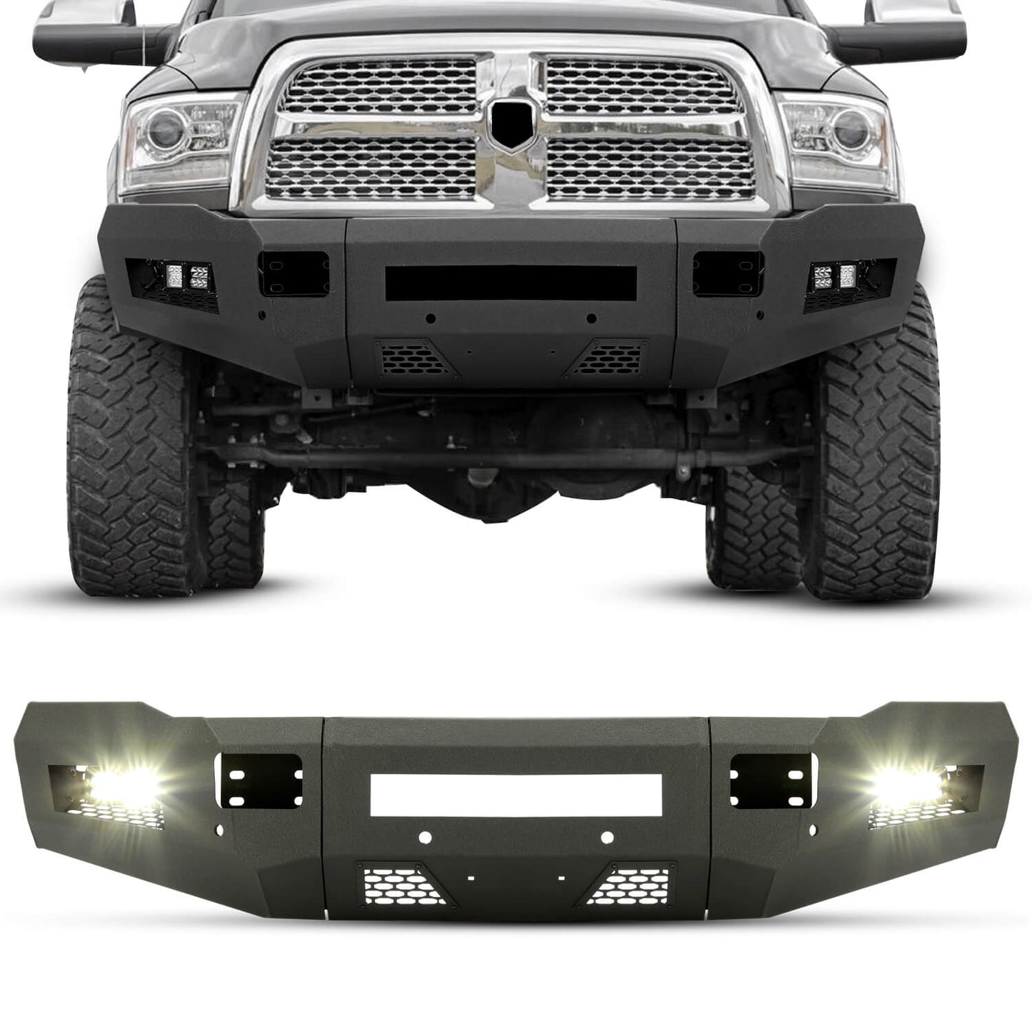 Front Bumper Off-road 3-Piece Modular Compatible with 2010-2018 Dodge Ram 2500 3500 with 4 LED Lights Powder Coated Steel Textured Black