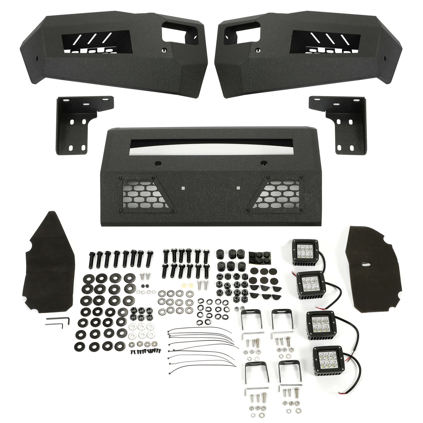 Front Bumper Off-road 3-Piece Modular Compatible with 2010-2018 Dodge Ram 2500 3500 with 4 LED Lights Powder Coated Steel Textured Black