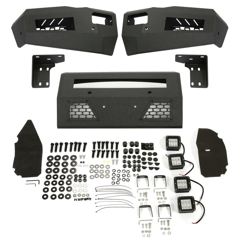 YIKATOO® Front Bumper Off-road 3-Piece Modular Compatible with 2010-2018 Dodge Ram 2500 3500 with 4 LED Lights Powder Coated Steel Textured Black
