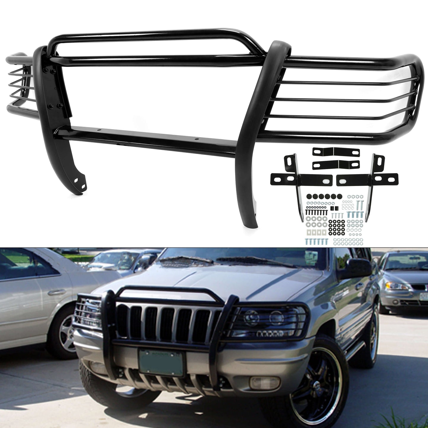 Grille Guard Front Bumper Brush Guard Compatible with 1999-2004 Grand Cherokee Powder Coated Black Steel