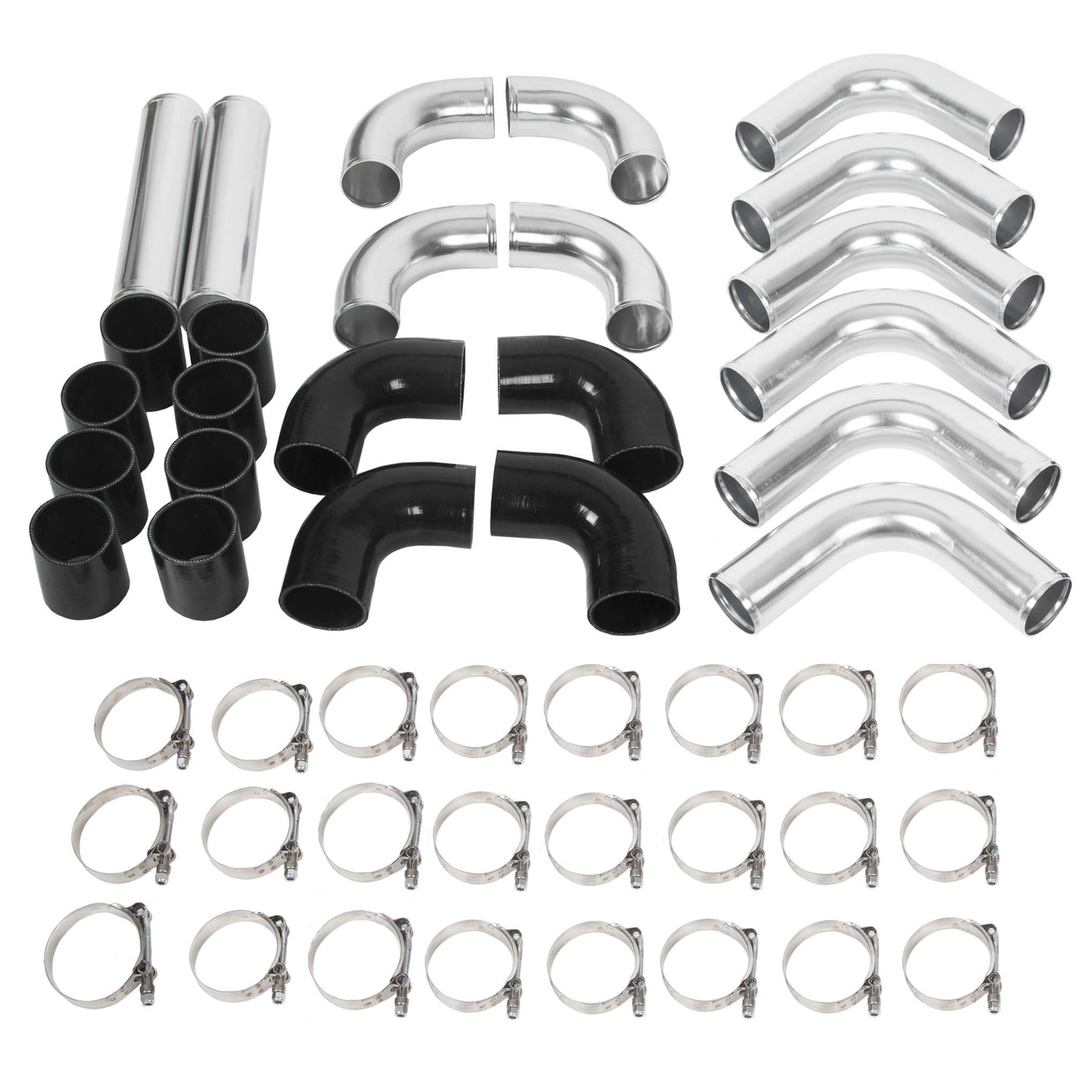 Universal Aluminum 2.5 Inches Chrome Intercooler Turbo Piping Pipe Kit+BLACK Hose Kits