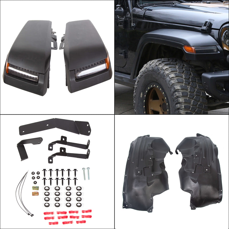 YIKATOO® Front Fender Flares with Lights & Inner Liners for 2007-2018 Jeep Wrangler JK